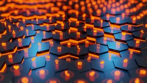 Hexagon pattern with orange light and social icons. Stock Footage 125444749