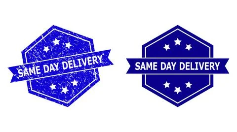 Hexagon SAME DAY DELIVERY Stamp Seal with Rubber Surface and Clean Version Stock Illustration