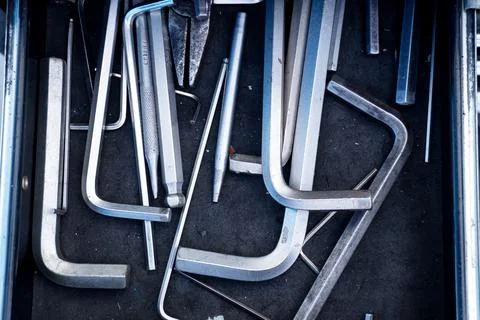 Hexagon set in tool box Stock Photos