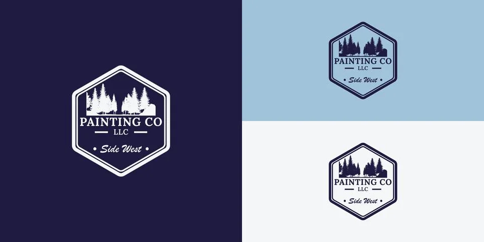 The hexagon shape logo with pine tree ornaments and the word painting co LLC Stock Illustration