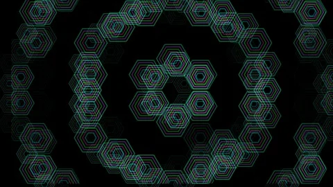 Hexagon shapes create a pattern on a black background at night Stockbeeldmateriaal 332910344