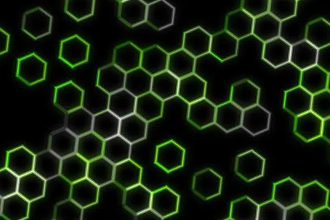 Hexagon shapes glowing on black background Stock Illustration