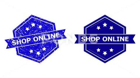 Hexagon SHOP ONLINE Watermark with Grunge Texture and Clean Version  Illustration #145781632