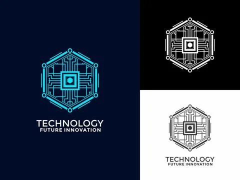 Hexagon Tech with circuit and chip computing logo vector. Technology simple.. Ilustração Stock