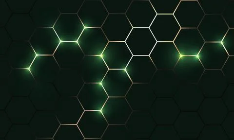 Hexagon technology dark green and gold colored honeycomb abstract background. Stock Illustration