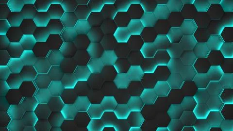Hexagon textures with blue light. 3D render Stock Illustration