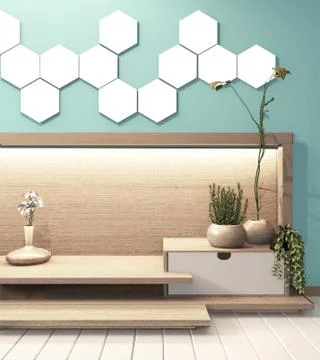 Hexagon tile lamp on hiden light wall and wooden cabinet minimal design on mo Stock Illustration
