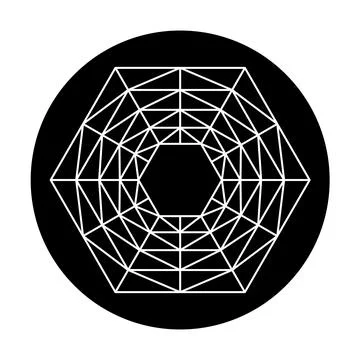 Hexagon with white symmetrical grid pattern, in a black circle Stock Illustration