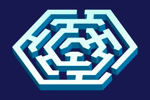 Hexagonal 3D maze icon in geometric style. Stock Illustration