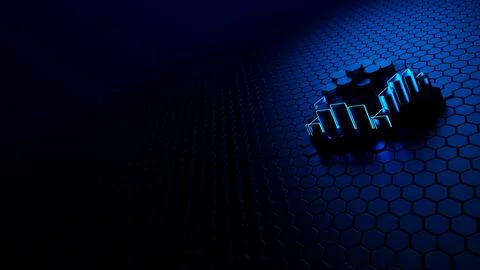 Hexagonal 3d rendering with blue glowing neon sticks Stock Illustration