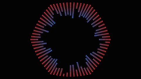 Hexagonal Audio Spectrum Animation with Pulsing Red and Blue Bars Against Bla Video stock 342522444