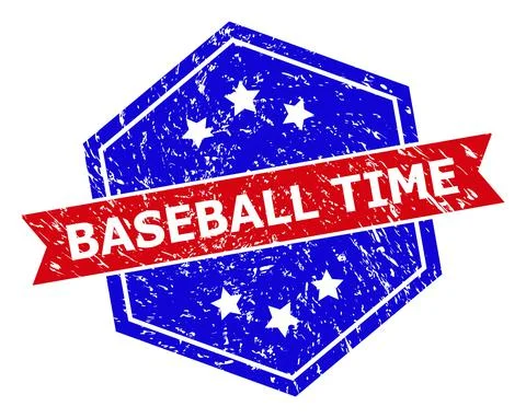 Hexagonal Bicolor BASEBALL TIME Stamp Seal with Scratched Texture Stock-Illustration