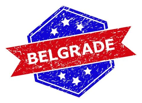Hexagonal Bicolor BELGRADE Rubber Stamp with Corroded Surface Stock Illustration