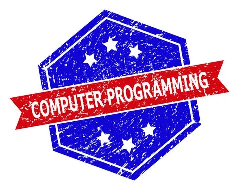 Hexagonal Bicolor COMPUTER PROGRAMMING Rubber Stamp with Corroded Surface Stock Illustration