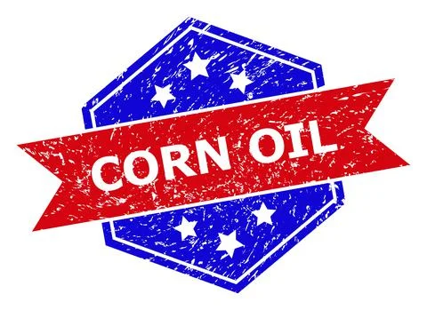 Hexagonal Bicolor CORN OIL Rubber Stamp with Corroded Style Stock Illustration