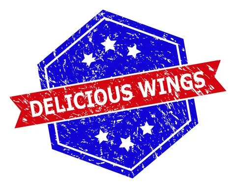 Hexagonal Bicolor DELICIOUS WINGS Rubber Stamp with Rubber Surface Stock Illustration