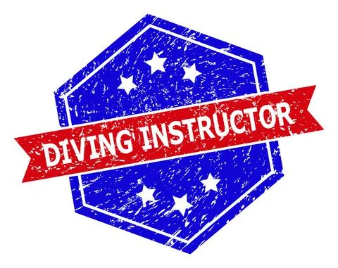 Hexagonal Bicolor DIVING INSTRUCTOR Seal with Unclean Texture Stock Illustration
