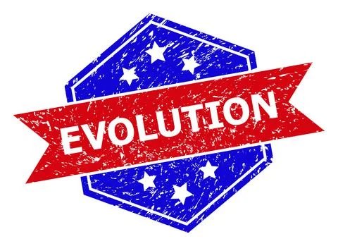 Hexagonal Bicolor EVOLUTION Seal with Grunged Style Stock Illustration
