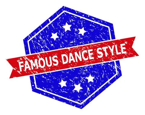 Hexagonal Bicolor FAMOUS DANCE STYLE Stamp Seal with Distress Style Stock Illustration