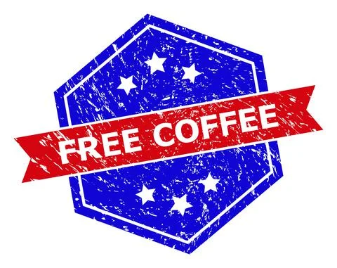 Hexagonal Bicolor FREE COFFEE Stamp with Grunged Style Stock Illustration