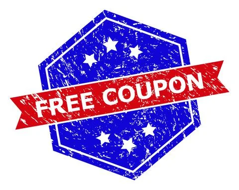 Hexagonal Bicolor FREE COUPON Stamp with Grunged Style Stock Illustration