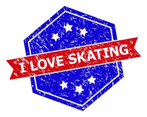 Hexagonal Bicolor I LOVE SKATING Stamp Seal with Unclean Texture Stock Illustration