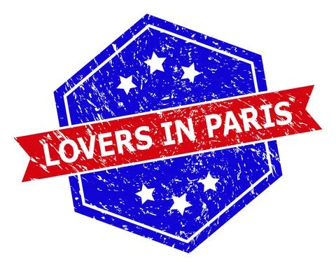 Hexagonal Bicolor LOVERS IN PARIS Rubber Stamp with Unclean Texture 스톡 일러스트