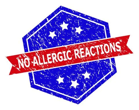 Hexagonal Bicolor NO ALLERGIC REACTIONS Stamp Seal with Grunged Texture Stock Illustration