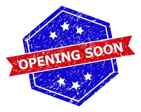 Hexagonal Bicolor OPENING SOON Stamp Seal with Corroded Texture Stock Illustration