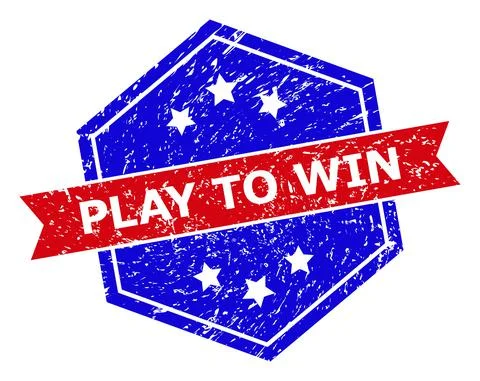 Hexagonal Bicolor PLAY TO WIN Stamp Seal with Unclean Style Stock Illustration