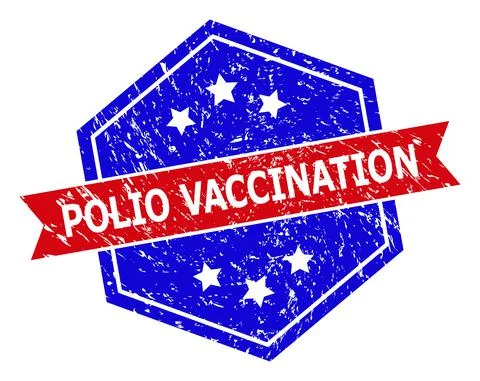 Hexagonal Bicolor POLIO VACCINATION Rubber Stamp with Scratched Surface Stock Illustration