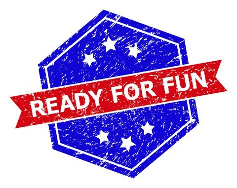 Hexagonal Bicolor READY FOR FUN Rubber Stamp with Scratched Texture Stock Illustration