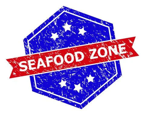 Hexagonal Bicolor SEAFOOD ZONE Watermark with Grunged Texture Stock Illustration