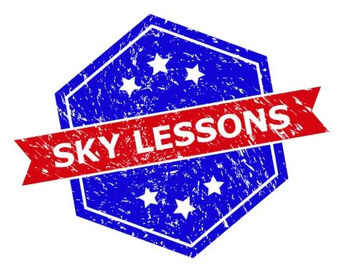 Hexagonal Bicolor SKY LESSONS Stamp Seal with Grunged Texture Stock Illustration