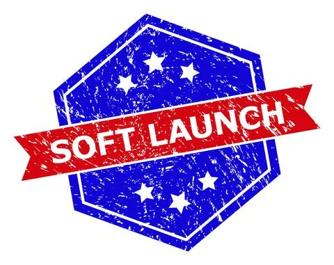 Hexagonal Bicolor SOFT LAUNCH Rubber Stamp with Grunged Style Stock Illustration