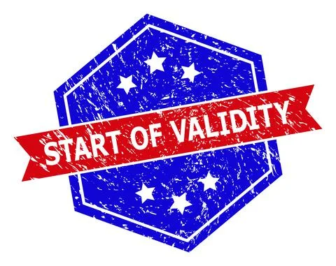 Hexagonal Bicolor START OF VALIDITY Stamp Seal with Grunged Surface Stock Illustration
