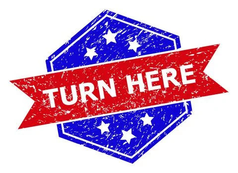 Hexagonal Bicolor TURN HERE Rubber Stamp with Distress Surface Stock Illustration