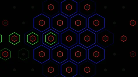 Hexagonal blue and red pattern on a black background Vidéo 332910490