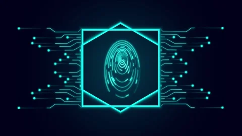 Hexagonal boundary encloses a glowing cyan digital fingerprint graphic. Tec.. Stock Footage 340528394
