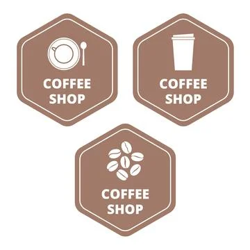 Hexagonal brown coffee shop signs with text on a white  background Stock Illustration