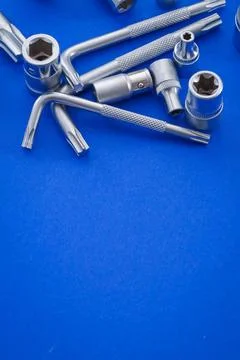 Hexagonal buttons and corks on a blue background Stock Photos