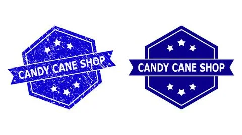Hexagonal CANDY CANE SHOP Stamp Seal with Corroded Texture and Clean Variant Stock Illustration