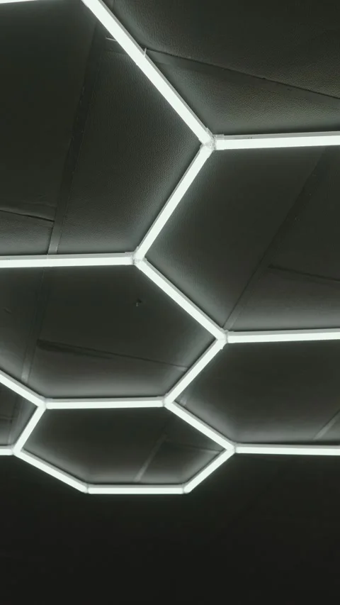 Hexagonal ceiling lights pattern in modern interior Stock Footage 332819219