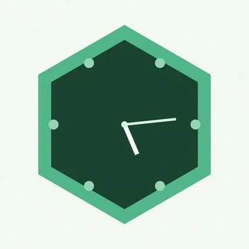 Hexagonal clock with white hands on dark green background Stock Illustration