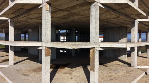 Hexagonal concrete floor plates in abandoned building, Bulgaria Stock Footage 339665894