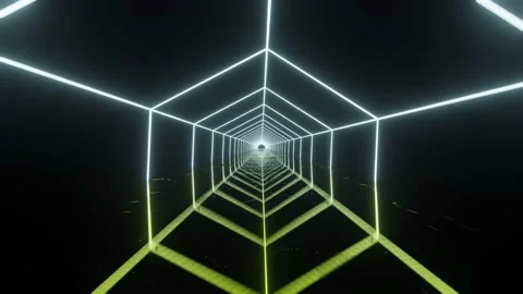 Hexagonal construction with neon glowing lines and reflections on the floor Stock Footage 221775221