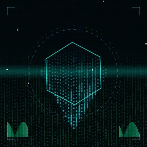 Hexagonal Data Matrix HUD Interface with Binary Code and Graphs Stock Footage 347261144