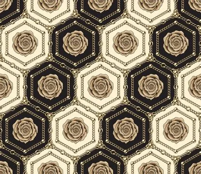 Hexagonal diagonal pattern with roses, chains Illustrazione stock