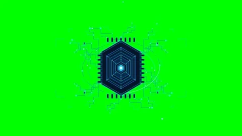 Hexagonal digital cpu chip animation on green screen Stock Footage 347905007