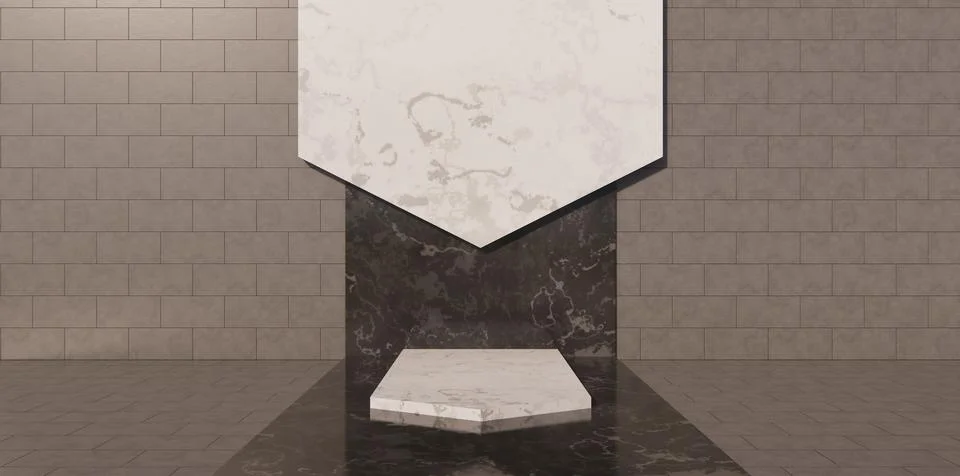 Hexagonal Display Stage with Modern Stone Wall Background Stock Photos